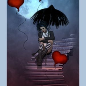 Chica Melancólica con Globos en Forma de Corazón