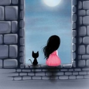 Chica con Gato Bajo la Luz de la Luna