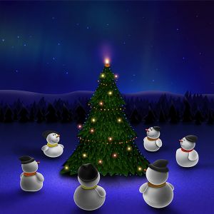 Muñecos de Nieve Alrededor del Árbol de Navidad