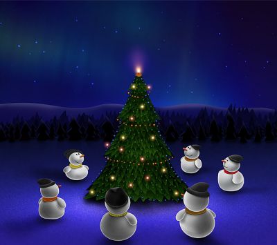 Muñecos de Nieve Alrededor del Árbol de Navidad