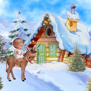 Escena invernal linda con bebé y burro