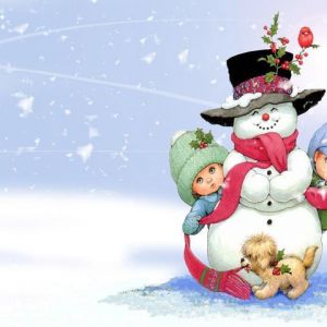 Muñeco de Nieve con Niños y Cachorro