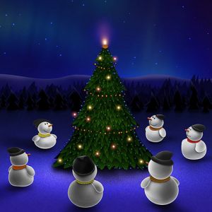 Muñecos de Nieve Alrededor del Árbol de Navidad