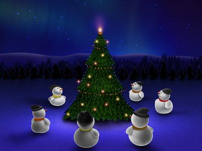 Muñecos de Nieve Alrededor del Árbol de Navidad