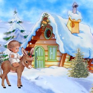 Escena invernal linda con niño y burro