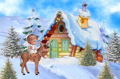 Escena invernal linda con niño y burro