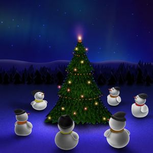 Muñecos de Nieve Alrededor del Árbol de Navidad