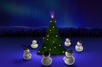 Muñecos de Nieve Alrededor del Árbol de Navidad
