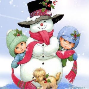 Muñeco de nieve con niños y cachorro