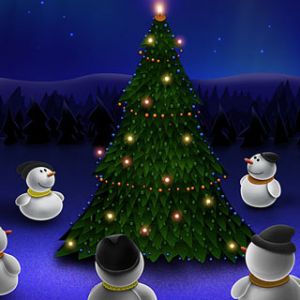 Muñecos de Nieve Alrededor del Árbol de Navidad