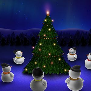 Muñecos de Nieve Alrededor del Árbol de Navidad