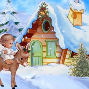 Escena invernal linda con muñeca y burro