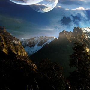Impresionante Paisaje Montañoso con Planetas