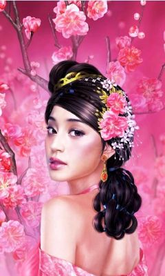 Hermosa mujer asiática con flores de cerezo