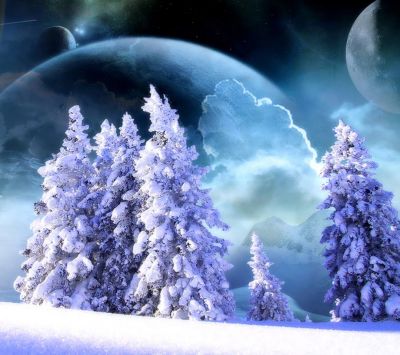 Paisaje Nevado con Fondo Cósmico