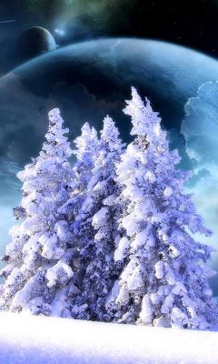 Árboles Nevados Bajo un Cielo Cósmico