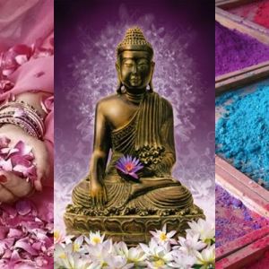 Estatua de Buda con Pétalos Coloridos
