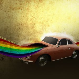 Coche vintage con corriente arcoíris