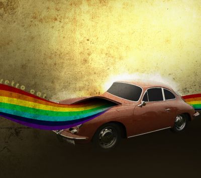Coche vintage con corriente arcoíris